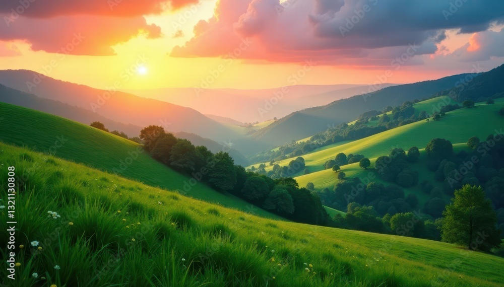 Fototapeta premium Rolling hills, lush green valleys, misty sunrise, image, serene