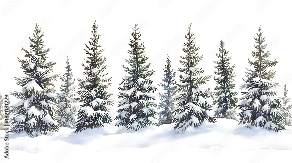 Fototapeta premium Winter Spruce Forest with Snow-Covered Trees, Watercolor Christmas Landscape in white & transparent