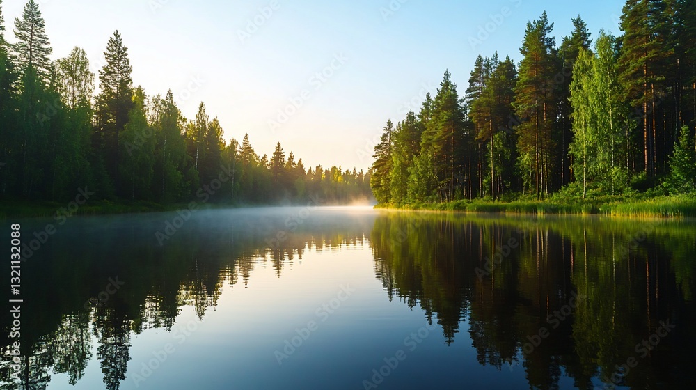 Obraz premium Serene sunrise over calm lake, mirrored in still water, flanked by lush forest