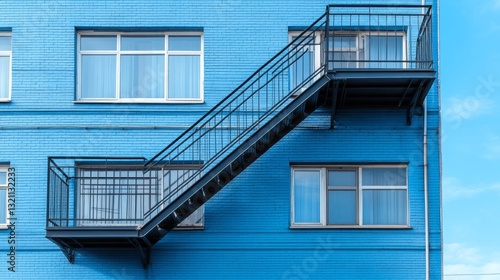 A striking blue building showcases a unique external staircase  elegantly curving towards the upper level. White windows contrast beautifully  reflecting the bright daylight