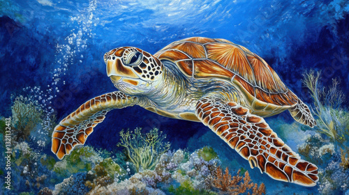 Sea turtle swimming in colorful coral reef ocean scene. Oil  pastel painting