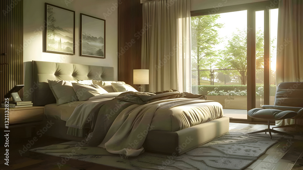 Fototapeta premium Minimalist and modern bedroom with blanket and pillows, interior design, bedroom décor.