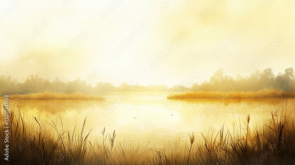 Tranquil sunset lake painting with reeds and trees, a serene nature escape Tranquil sunset lake painting with reeds and trees, a serene nature escape