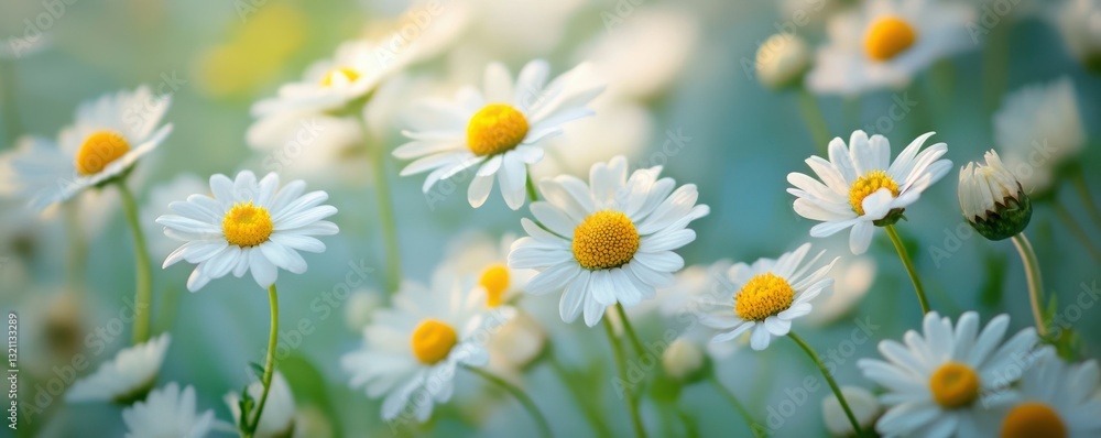 Fototapeta premium Blooming daisies in a sunlit meadow with soft focus and vibrant yellow centers