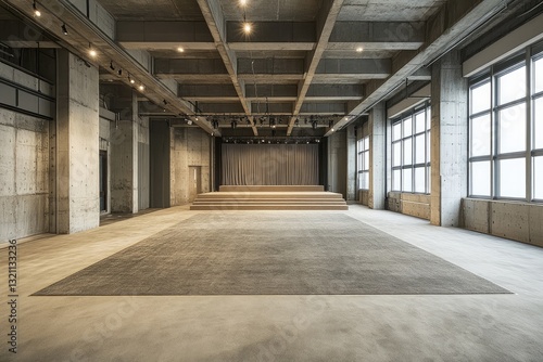 Spacious industrial loft space with elevated seating area