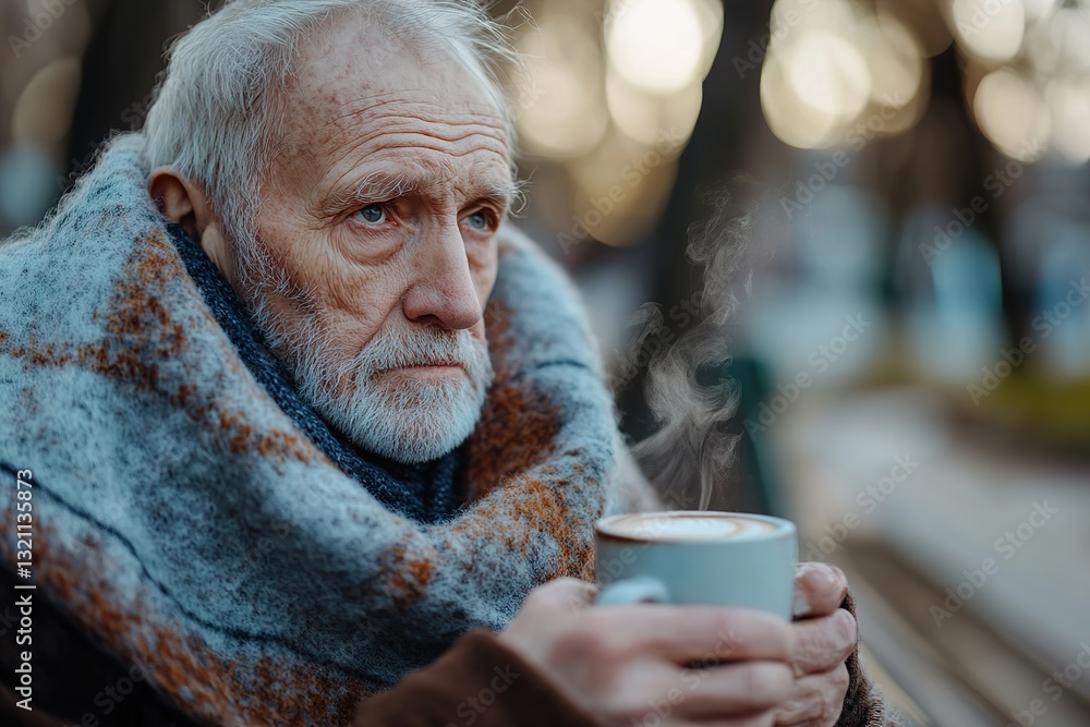 An elderly man sits on a weathered park bench, hands wrapped around a steaming cup of coffee. Morning light illuminates his thoughtful expression as he enjoys a moment of solitude An elderly man sits on a weathered park bench, hands wrapped around a steaming cup of coffee. Morning light illuminates his thoughtful expression as he enjoys a moment of solitude