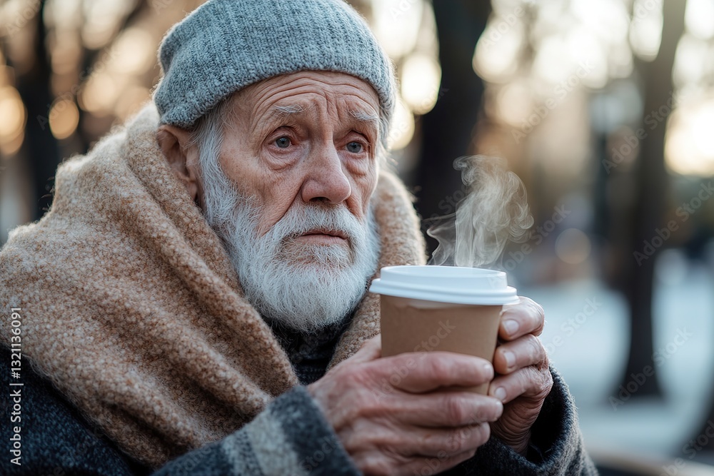 An elderly man with deep wrinkles sits on a worn park bench, wrapped in a wool blanket An elderly man with deep wrinkles sits on a worn park bench, wrapped in a wool blanket