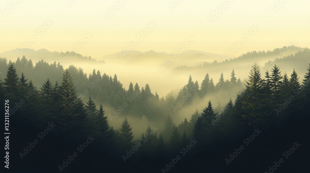 Obraz premium Misty forest view with soft, muted colors.