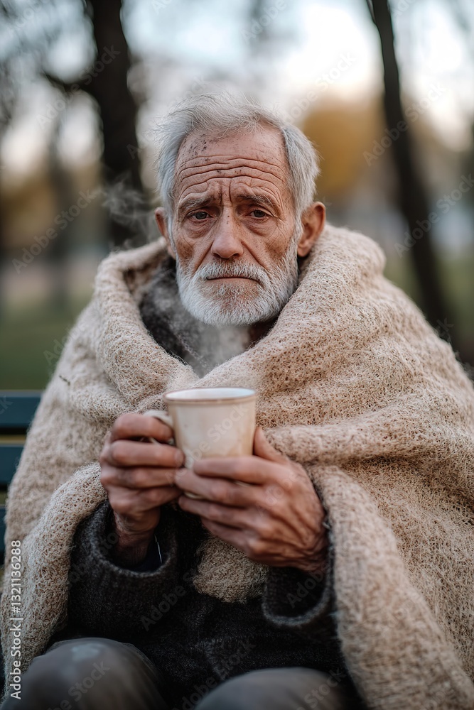 An elderly man with deep wrinkles sits on a bench, clutching a warm cup of coffee. He gazes into the distance as morning light filters through bare trees. A blanket drapes over his shoulders An elderly man with deep wrinkles sits on a bench, clutching a warm cup of coffee. He gazes into the distance as morning light filters through bare trees. A blanket drapes over his shoulders