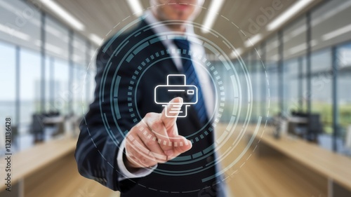 Wallpaper Mural Businessman Interacting with Digital Printer Interface in Modern Office Setting Torontodigital.ca