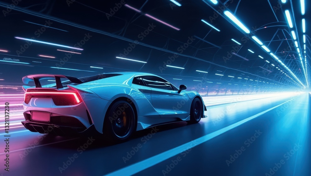 Obraz premium Futuristic Cyan Sports Car Speeding Through Light Tunnel with Neon Glow