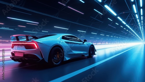Futuristic Cyan Sports Car Speeding Through Light Tunnel with Neon Glow