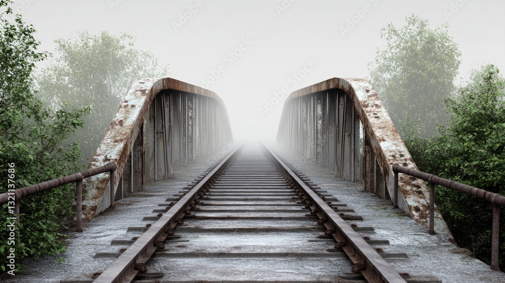Abandoned railway bridge disappearing into fog with overgrown greenery on both sides, evoking a sense of mystery Abandoned railway bridge disappearing into fog with overgrown greenery on both sides, evoking a sense of mystery