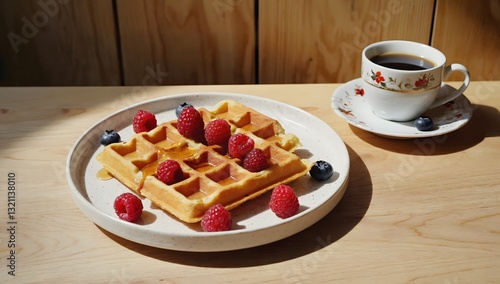 Wallpaper Mural A golden-brown waffle sits on a white ceramic plate, topped with fresh red raspberries and dark blue blueberries arranged evenly across its surface. A coffee cup with a red floral design is positioned Torontodigital.ca