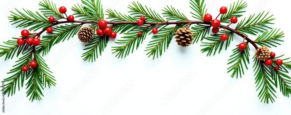 Evergreen branch wreath with red berries and pinecones on white background, christmas, red berries, pinecones Evergreen branch wreath with red berries and pinecones on white background, christmas, red berries, pinecones