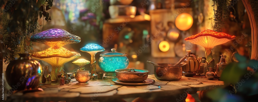 Tilted angle view of a whimsical forest kitchen, glowing pots and pans, vibrant mushrooms illuminating the scene, dreamlike colors Tilted angle view of a whimsical forest kitchen, glowing pots and pans, vibrant mushrooms illuminating the scene, dreamlike colors