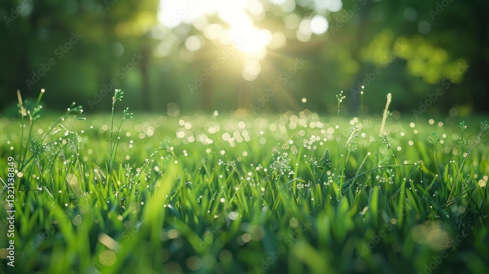 Dew-kissed grass field at sunrise in a park Dew-kissed grass field at sunrise in a park