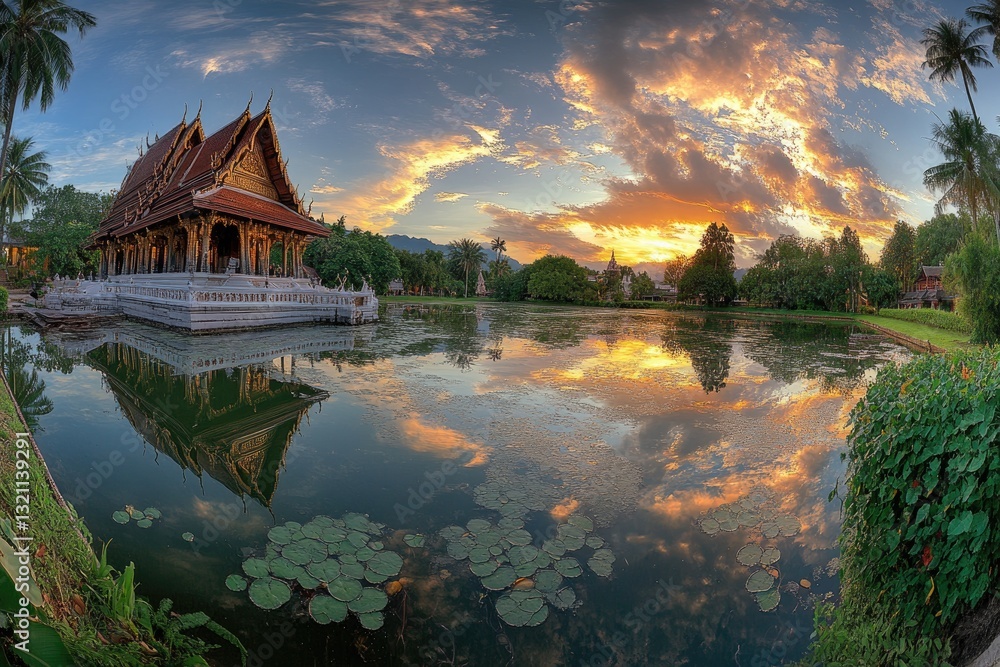 Obraz premium Golden temple reflected in tranquil pond at sunset