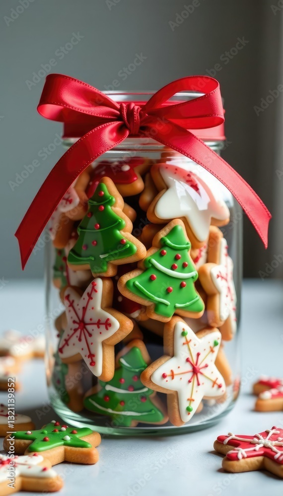 Glass jar filled with colorful holiday cookies and red ribbon, Christmas, holiday Glass jar filled with colorful holiday cookies and red ribbon, Christmas, holiday