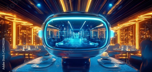 Fototapeta Naklejka Na Ścianę i Meble -  Virtual reality dining experience, wide-angle perspective, abstract culinary creations, futuristic technology integration, vivid lighting, senses engaged, immersive gastronomy