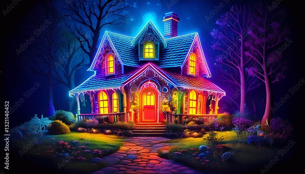 Fototapeta premium Mysterious magic house with vibrant neon lights surrounded by dark trees at night