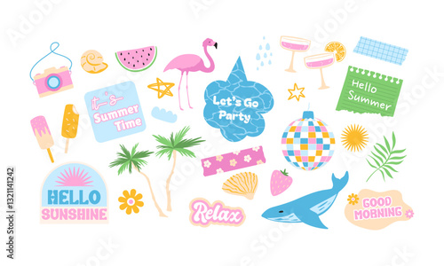 Summer stickers. Retro cool elements. Vacation, travel designs, summertime patch, collage art. Vector illustrations in pastel pink, blue, green and yellow colors. Contemporary icons.