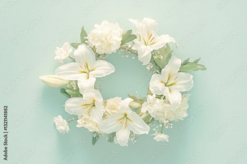 Fototapeta premium Beautiful White Floral Wreath Arrangement on a Soft Pastel Background Perfect for Spring Decor
