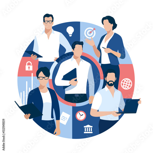 The team. Experts. Business illustration of a team in a circle shape
