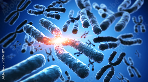 Fotografi Chromosomes  floating on blue background - science and  technology -  3D illustr