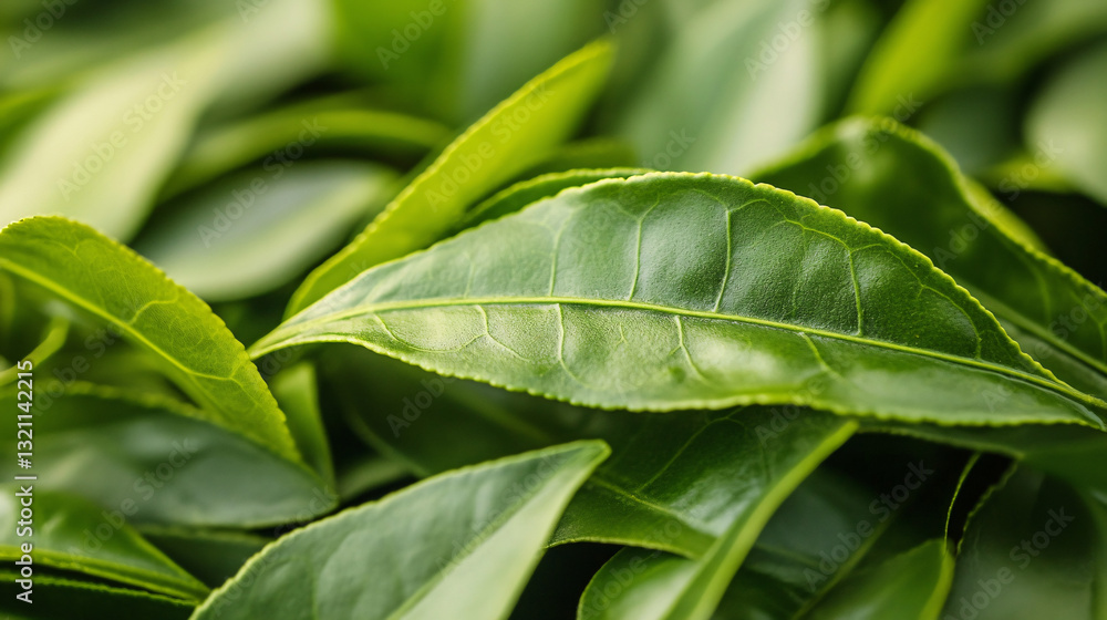 Fototapeta premium A close-up of fresh green tea leaves with rich color and detailed texture showing natural beauty