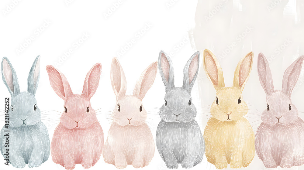 Obraz premium Whimsical pastel Easter bunnies with delicate features, ideal for hand-drawn illustrations and holiday art.