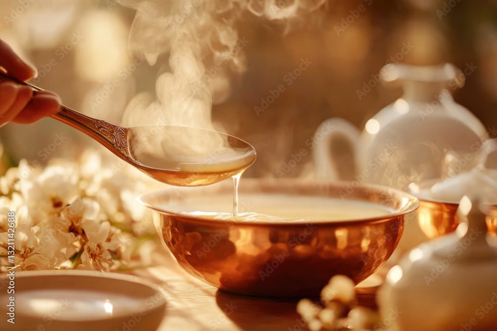 Fototapeta premium Enjoying Hot Soup in a Minimalistic Setting With Delicate Florals and Warm Lighting at Sunset