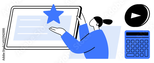 Person engaging with touchscreen, selecting star icon adjacent calculator and play button elements. Ideal for productivity, technology, e-learning, evaluation, interface design, digital tools