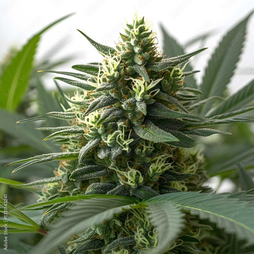 Close-up of a beautiful cannabis plant highlighting glistening trichomes under bright sunlight in natural setting Close-up of a beautiful cannabis plant highlighting glistening trichomes under bright sunlight in natural setting