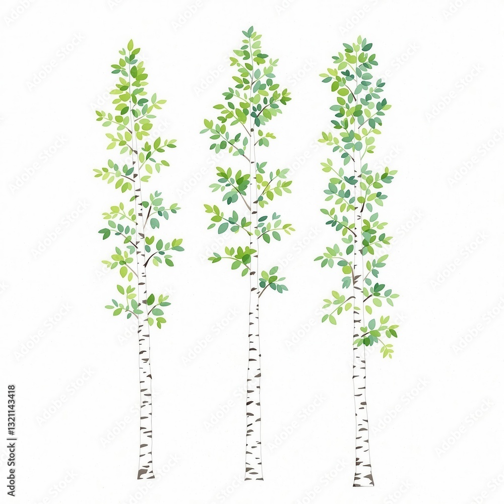 Fototapeta premium Three trees with green leaves are painted on a white background