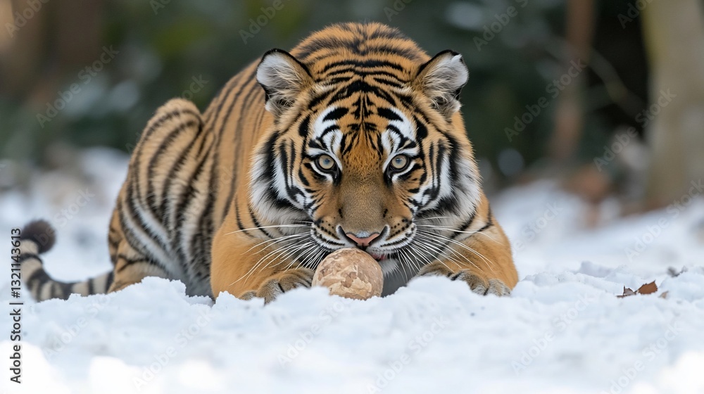Fototapeta premium Tiger in snow, intensely focused on prey