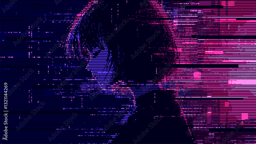 Fototapeta premium Abstract glitch effect background. head silhouette. digital art. pixel glitch texture. Data visualization concept. digital distortion and noise effect. banner or poster. Vector Illustration. 