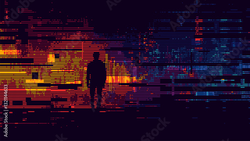Abstract glitch effect background. human silhouette. digital art. pixel glitch texture. Data visualization concept. digital distortion and noise effect. banner or poster. Vector Illustration.