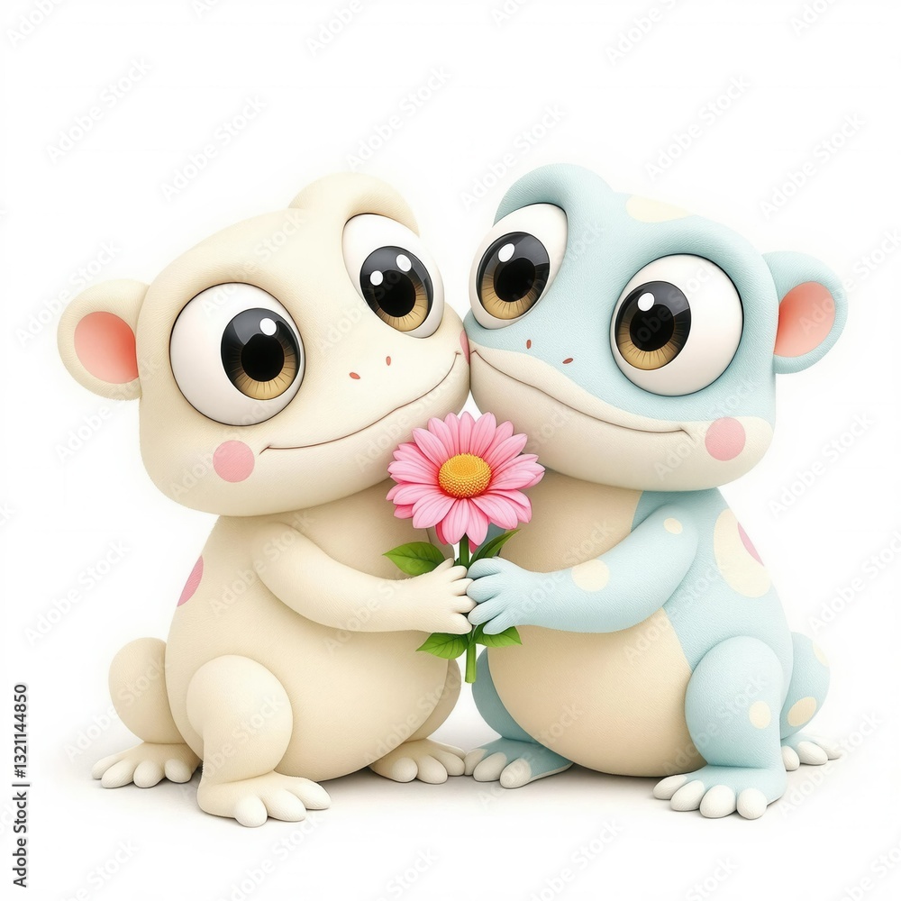 Naklejka premium Two cartoon frogs holding a pink flower