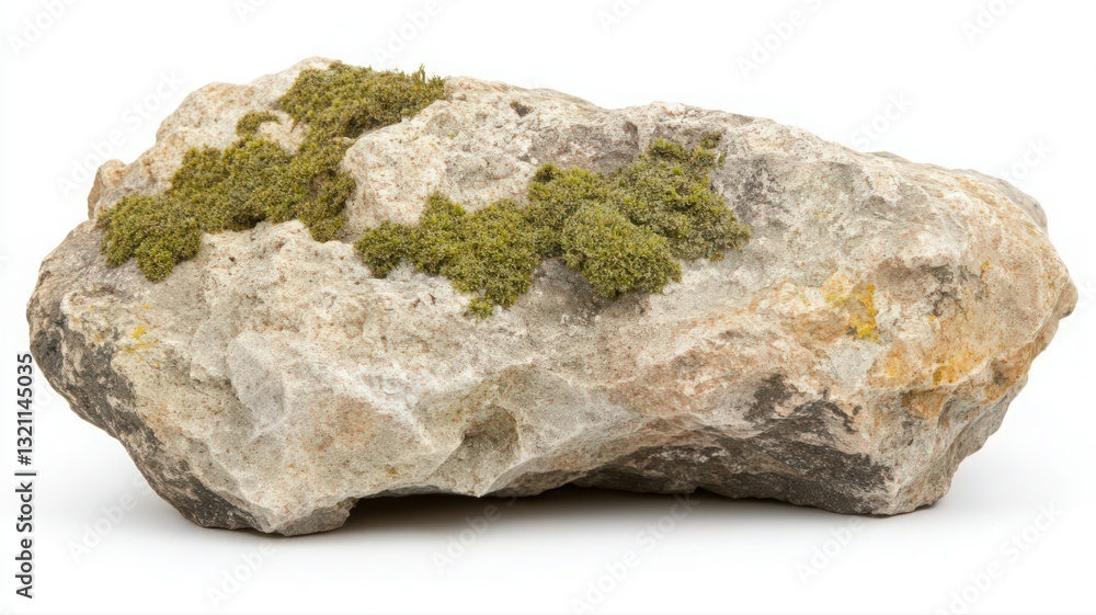 Gray and Beige Rock with Green Lichen on White Background Gray and Beige Rock with Green Lichen on White Background