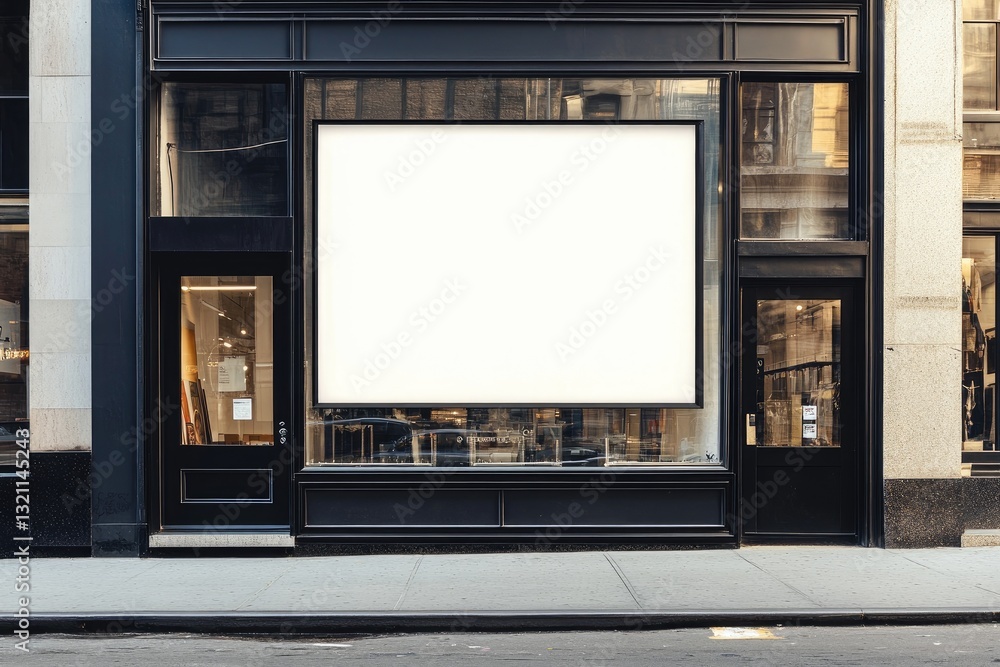 Blank storefront display, modern urban aesthetic. Large empty billboard-style display on a black storefront in a city Blank storefront display, modern urban aesthetic. Large empty billboard-style display on a black storefront in a city