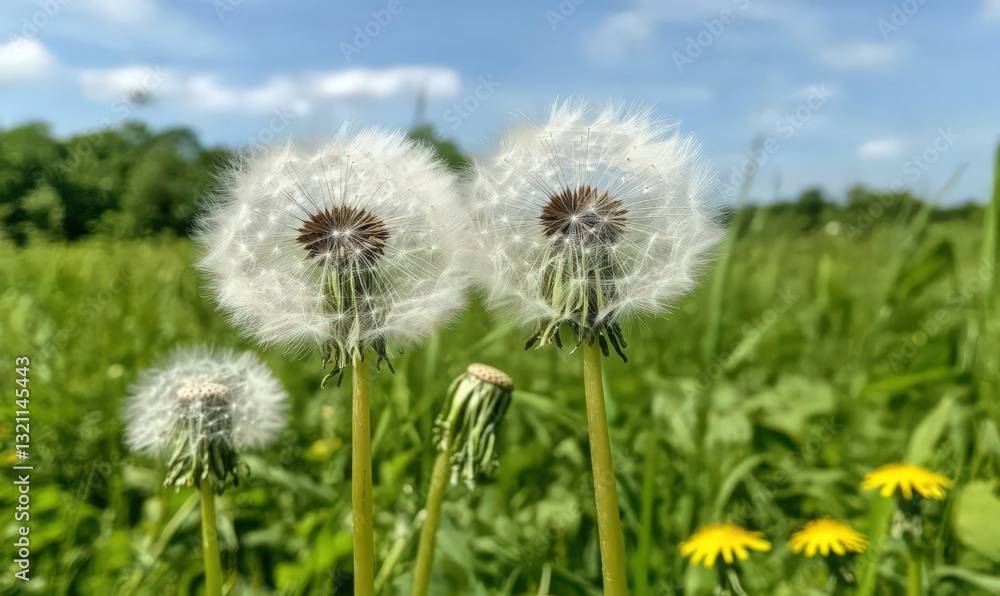 Fluffy White Dandelion Seed Heads in a Lush Green Field Fluffy White Dandelion Seed Heads in a Lush Green Field