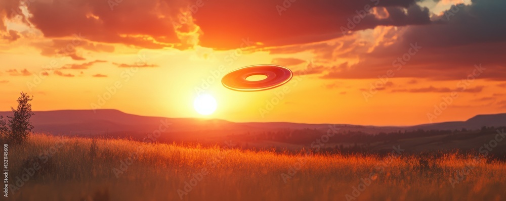 Ufo hovering above grassland at sunset with dramatic sky and glowing horizon Ufo hovering above grassland at sunset with dramatic sky and glowing horizon