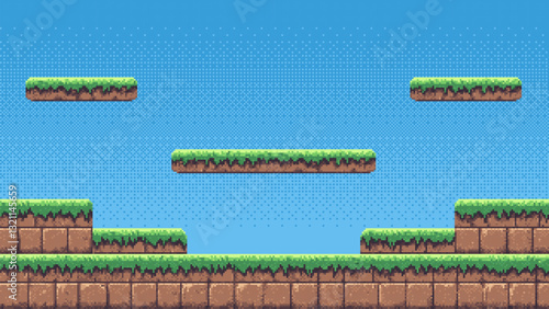 8-bit pixel art game level background. side scrolling game. blue sky. simple game map template. 2D retro video game style. pixelated vector graphics. 