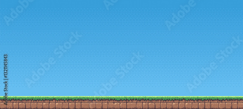 game level side scrolling scene. 8-bit pixel art background. video game template. blue sky and a flat ground. empty field. side view. vector graphics.