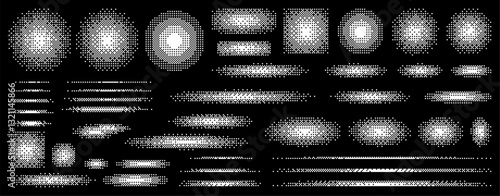 pixel art lights vector elements of various shapes and sizes in white halftone on a black background. Set of pixel comic dots. Retro style design element. Vector illustration.
