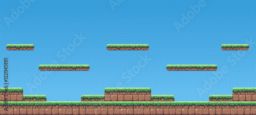 8-bit pixel art game level background. side scrolling game. blue sky. simple game map template. 2D retro video game style. pixelated vector graphics. 
