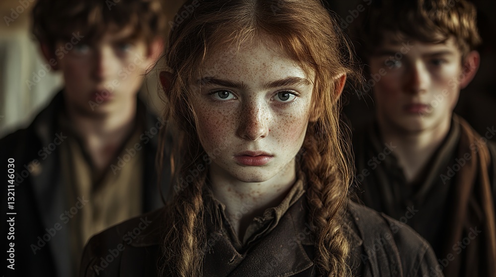 Intense Portrait of a Freckled Girl with Braids Intense Portrait of a Freckled Girl with Braids