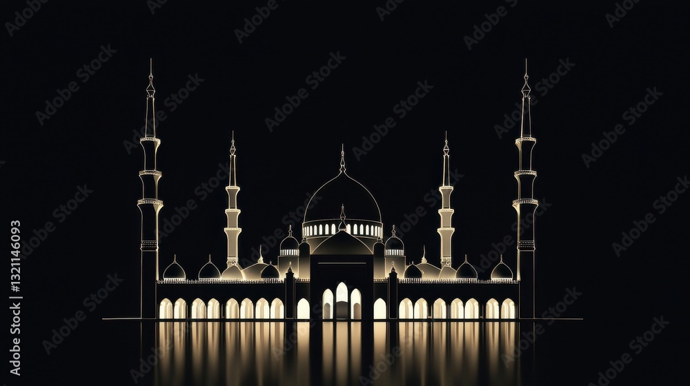 Fototapeta premium Minimalist 3D Rendering of a Beautifully Designed Mosque on a Dark Background