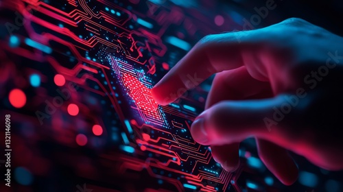 Touching Glowing Circuit Board with Finger in Futuristic Neon Style